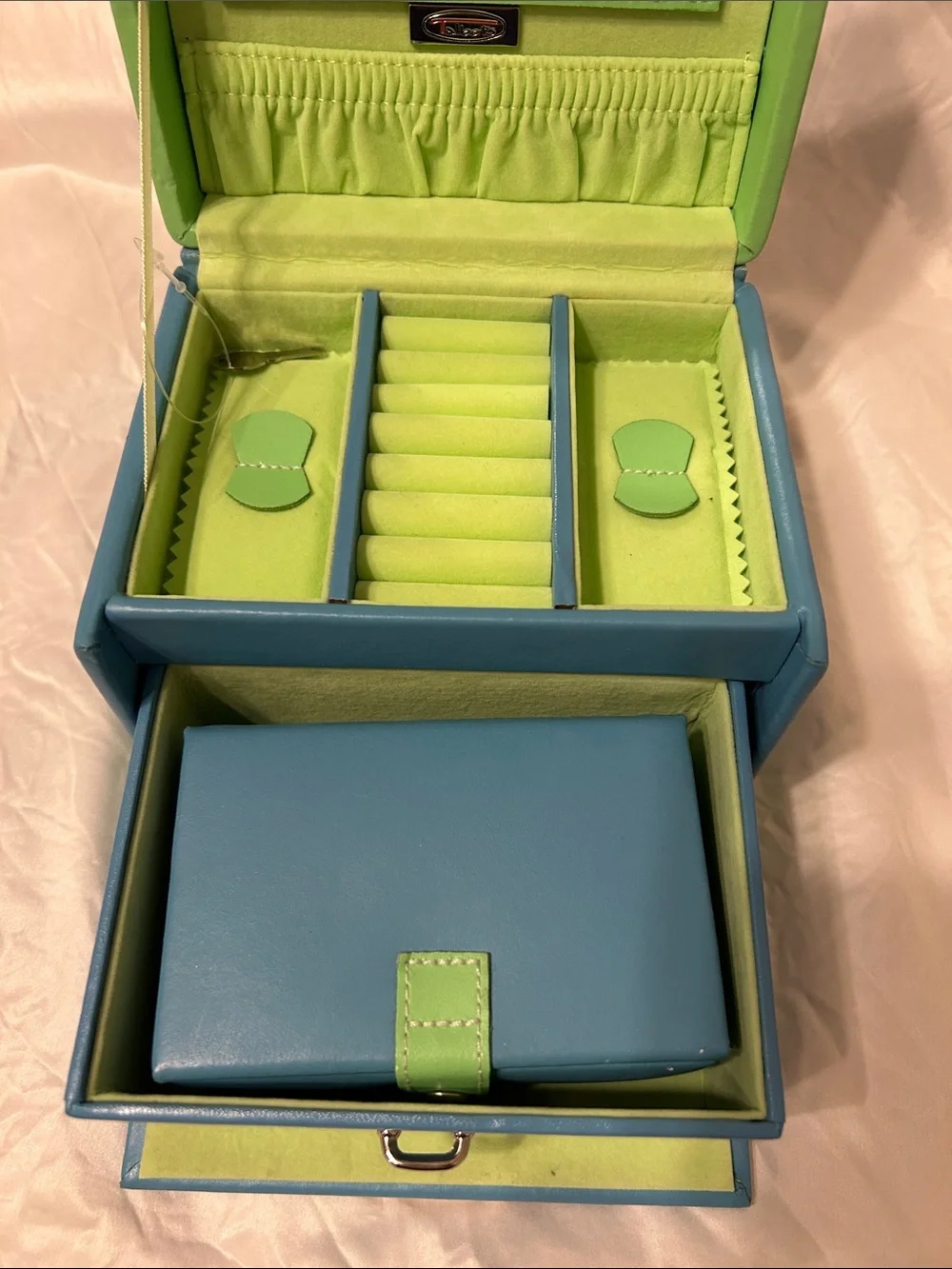 Talbots Blue Jewelry Box with Lime Trim and Top Handle